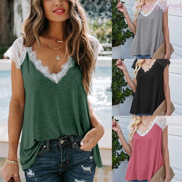 

donsignet women's t-shirt fashion temperament summer v-neck pullover pure color lace stitching loose short sleeves t shirt, White