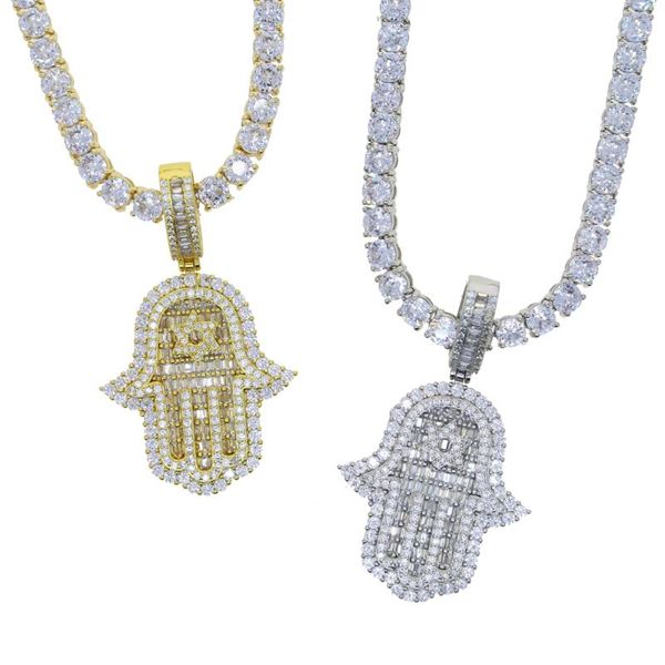 

chains 2021 hop women men fashion iced out bling 5a baguette cubic zirconia tennis chain hamsa hand pendant necklace punk jewelry, Silver