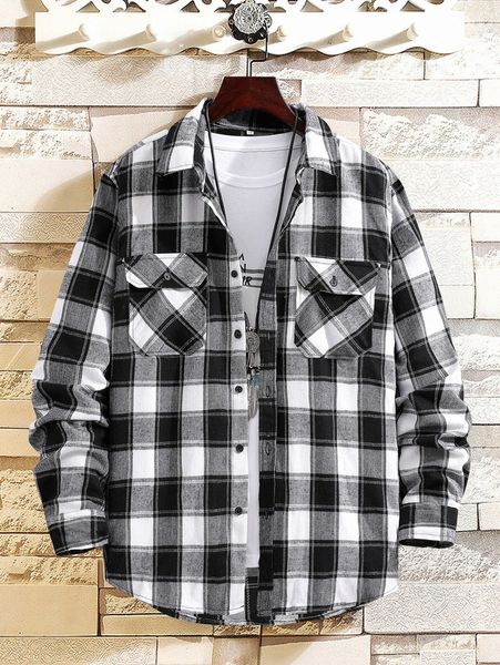 

men buffalo plaid flap pocket shirt c31i#, White;black