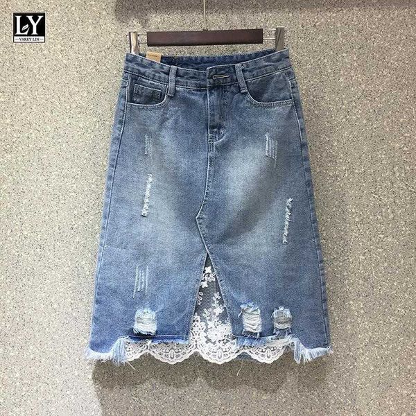 

ly varey lin spring women denim skirts casual lace irregular a-line high waist hole split skirt lady 210526, Black