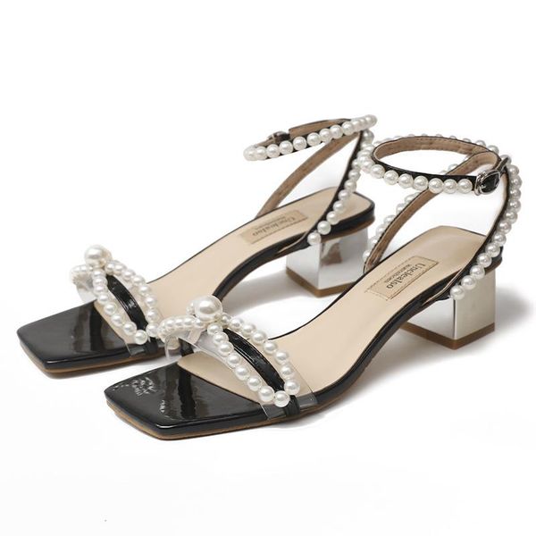 

net celebrity word with fairy wind in the heel thick sandals bow pearl women yy-99, Black