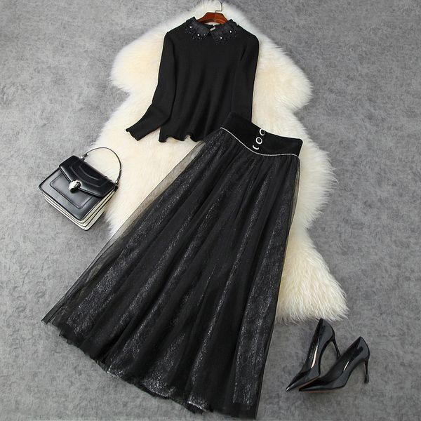 

dress european and american women's clothing autumn style long-sleeved beaded sweater netting lace skirt fashion suit owo0, White