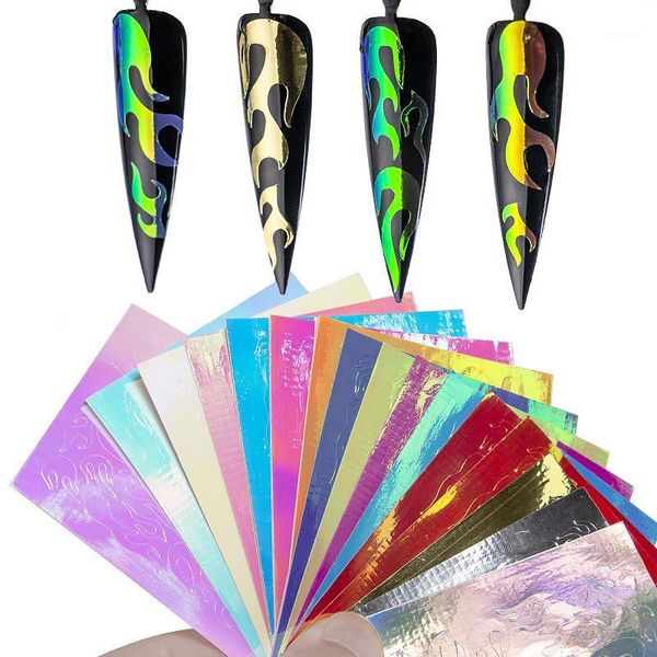 

16pcs holographic fire flame nail vinyls stencil hollow laser stickers fires on manicure magic sticker decal art decoration1, Black