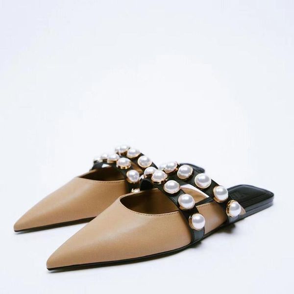 

slippers 2021 fall products women's shoes natural color artificial pearl decorated flat mules, Black