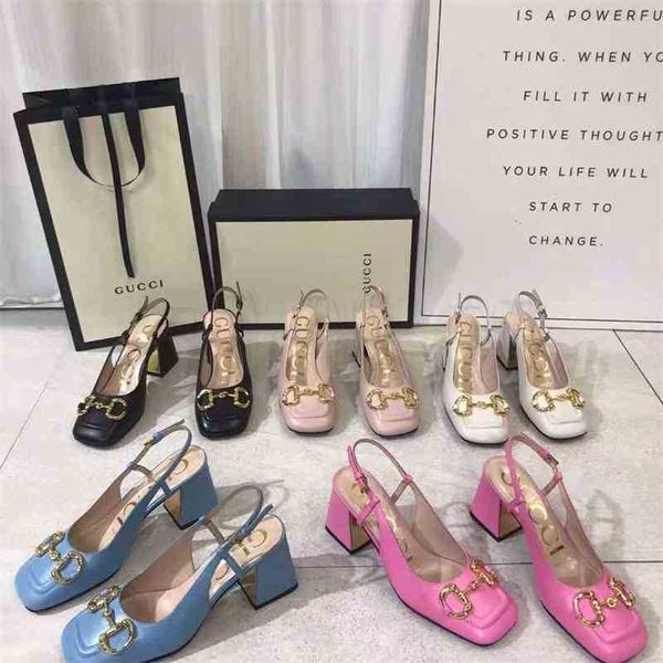 

leather g new commuter lo square head and foot single shoes candy color metal buckle chain thick heel square sandals, Black