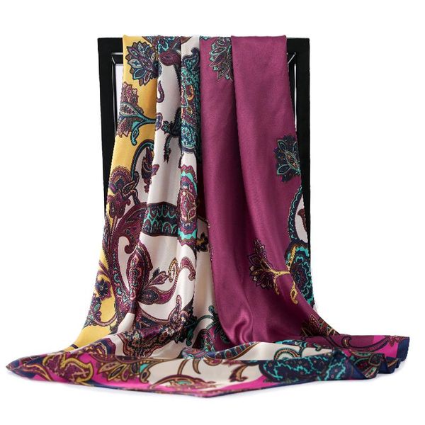 

scarves 20 colors flower printed silk scarf women fashion spring summer 90*90cm polyester shawl hijab satin square, Blue;gray