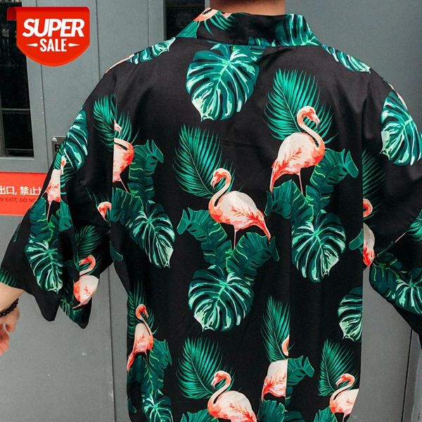 

chinese style three-quarter sleeve jacket men's tang suit retro japanese flamingo beach and wind cardigan robe kimono #1i3k, White;black
