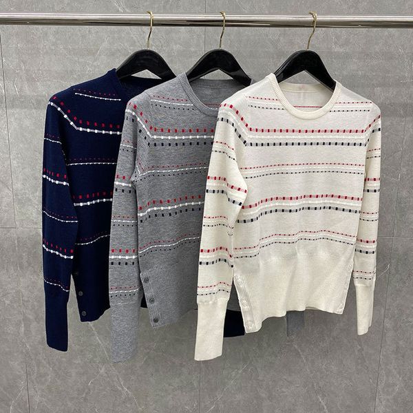 

20 autumn new tb classic british style dotted line splicing round neck pullover fashion casual knitted jacket, White