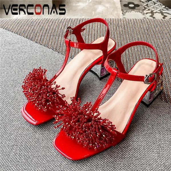 

sandals verconas woman pumps 2021 design summer genuine leather string bead sqaure toe square heeled shoes1, Black