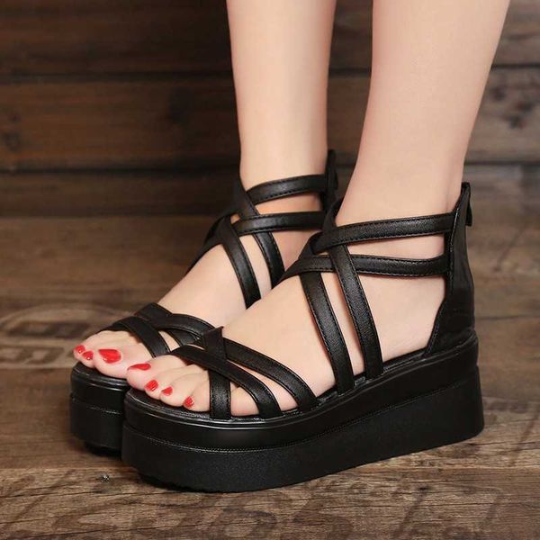 

2020 sandals women's summer slope heel thick bottom open toe new zipper high heel sandals y0721, Black