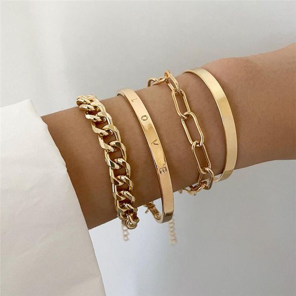 

link, chain letapi 4pcs/sets punk gold color bracelets for women trendy hollow geometric adjustable bangle bohemian jewelry, Black