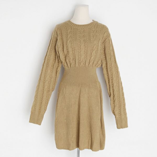 

women black kahki knitted o neck long sleeve empire mini dress autumn d2131 210514, Black;gray