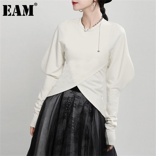 

[eam] women shaped irregular tight t-shirt new round neck puff long sleeve fashion tide spring autumn 1dd2529 210406, White