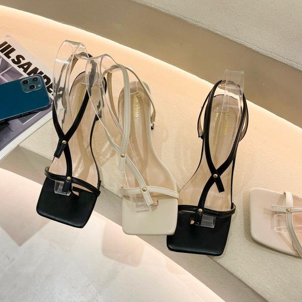 

dress shoes 2021 summer brand design gladiator sandals thin high heel pumps narrow band square head clip-on strappy, Black