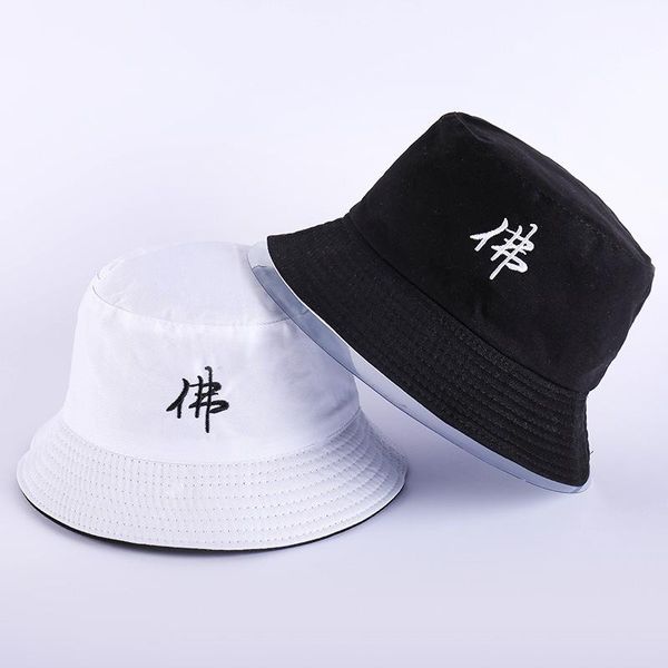 

cloches which shows embroidery chinese letters reversible bucket hat two side summer panaman cotton black yellow fishing yy173
