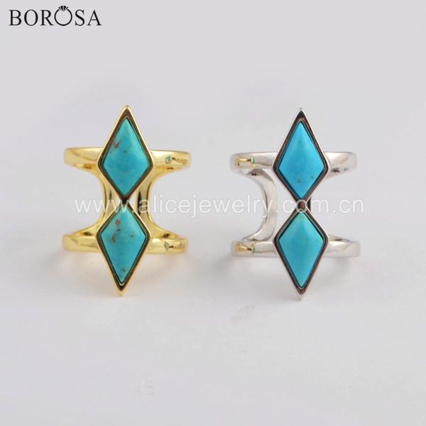 

cluster rings borosa 5pcs wholesale gold/silver bezel double rhombic shape natural turquoises open ring jewelry with zg0403, Golden;silver