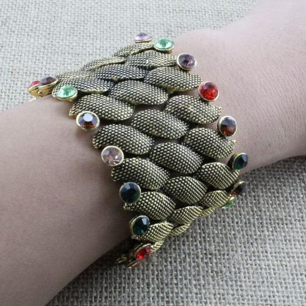 

bangle big colorful crystal flower bracelet vintage antique gold pattern bead for women alloy metal jewelry, Black