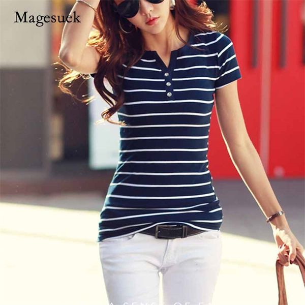 

summer shirts v-neck casual women short sleeve t-shirts white strip t-shirt plus size cotton tee shirt blusas3188 50 210518