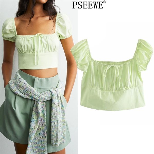 

women green bow crop female fashion square neck short sleeve woman blouses elastic smocked back summer 210519, White
