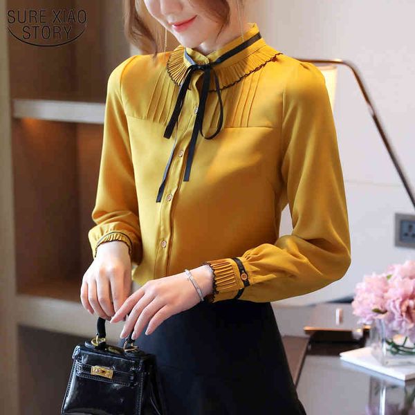 

elegant long sleeve women's shirt autumn yellow bow collar chiffon blouse stand loose cardigan female 11548 210508, White