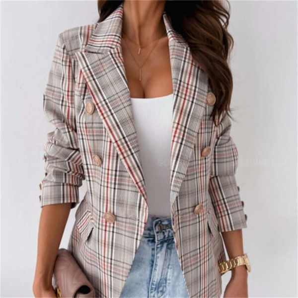 

autumn winter long sleeve double breasted plaid printed suit, Black;brown