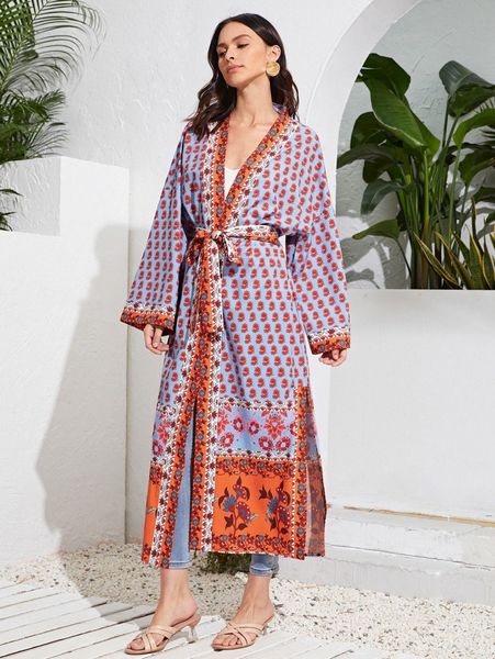 

drop shoulder bell sleeve floral print belted kimono k7r9#, White;black