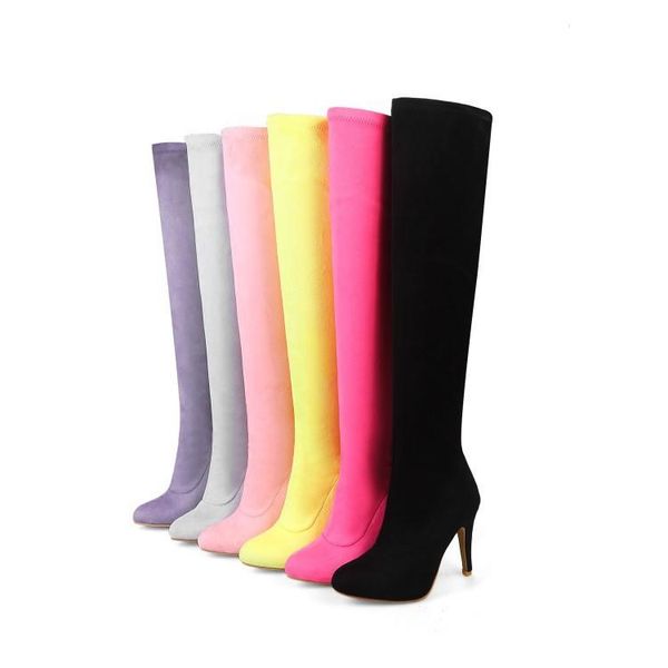 

boots over-knee thin heel pink large size shoes stretch, Black