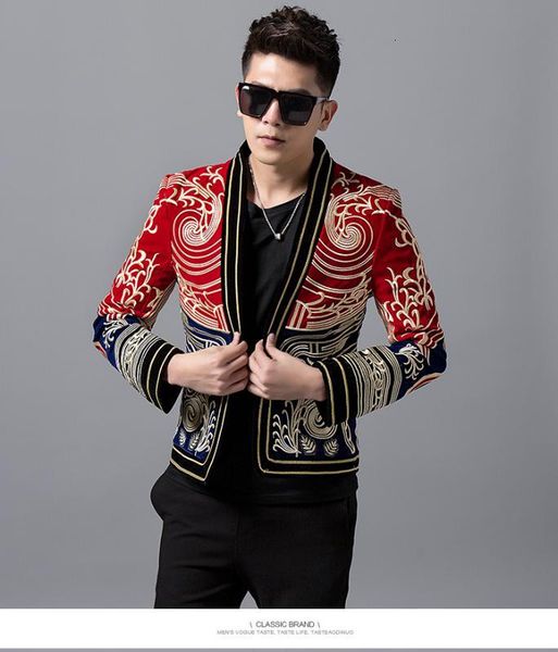 

men's jackets nightclub slim dragon robe embroidery jacket party male singer stage performance costume fashion casual coat overcoad djv, Black;brown