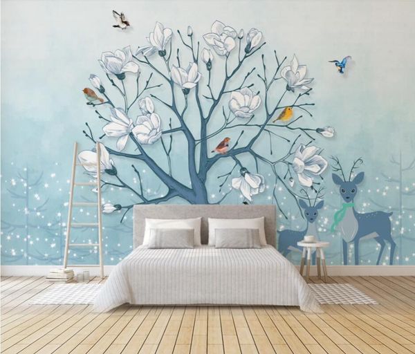 

wallpapers ainyoousem magnolia fortune tree elk flowers and birds background papier peint papel de parede wallpaper 3d stickers