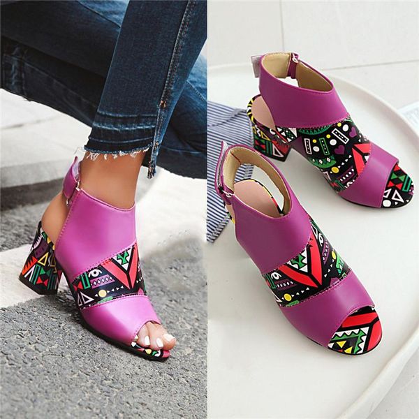 

summer 2021 green yellow sandals ankle hook loop block high print heels slingback purple shoes women peep toe lady sandal, Black