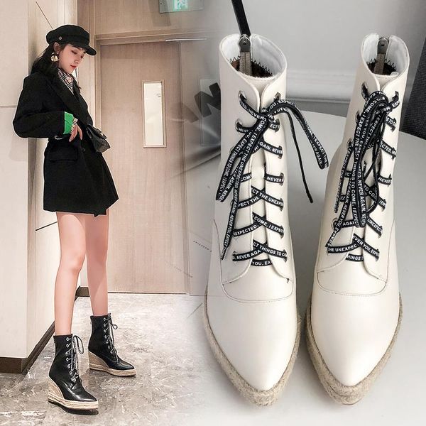 

women wedge ankle boots casual lace up low heels female platform shoes keep warm winter pointed toe short footwear, Black