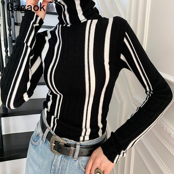 

women's sweaters gagaok high street women basic sweater spring autumn turtleneck striped knit slim korean chic wild pullovers hte, White;black