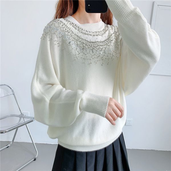 

women's sweaters beaded batwing sleeve women oversized fashion ladies clothes o-neck white pullover fm64, White;black