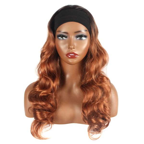 

woodfestival brown headband wig wavy dark roots ombre synthetic curly wigs for women long fiber hair head band, Black