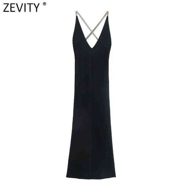 Zevity Frauen Sexy V-ausschnitt Schwarz Stricken Schlank Schlinge Midi Kleid Chic High Street Damen Backless Kreuz Kette Party Vestidos DS8790 Y1204