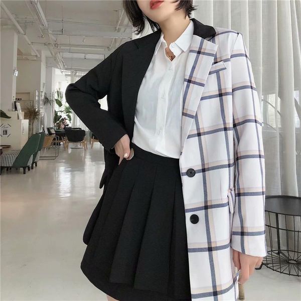 

[ewq] 2021 autumn women office wear plaid patchwork sweet jacket long sleeve pockets female outerwear casual suit blazers women's suits, White;black