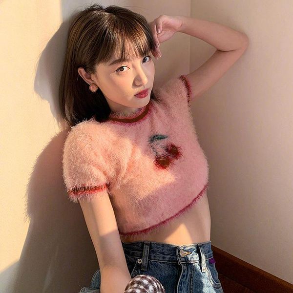 

men's t-shirts european and american style 2021 fashion temperament summer women's wear round neck open navel knitting cherry t-sh, White;black