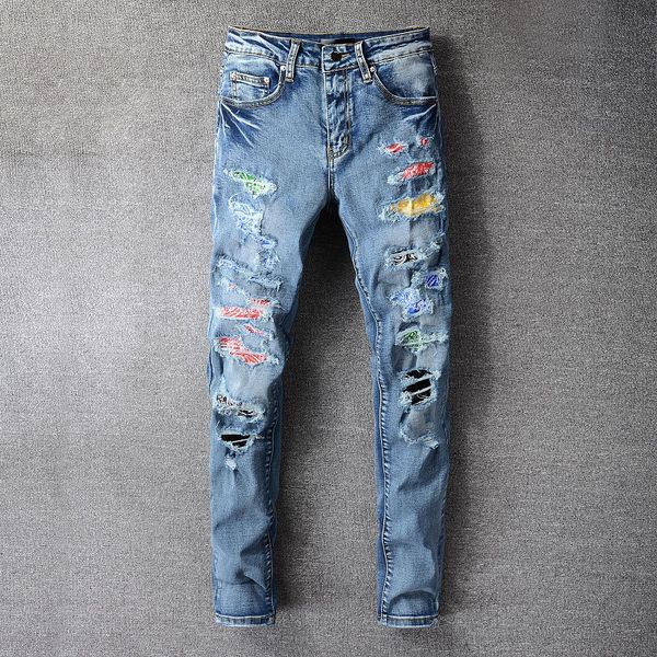 

2021 clothing pants men women t shirts panther print army green destroyed mens slim denim straight biker skinny jeans men, Blue