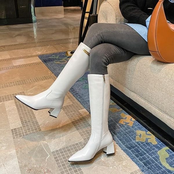 

boots 2021 cowhide women's pointed high barrel knight thick middle heel, Black