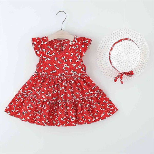 

floral kids girl and dresses hat fashion princess girls summer clothing toddler baby clothes 2 3 4 5 6 years, Red;yellow