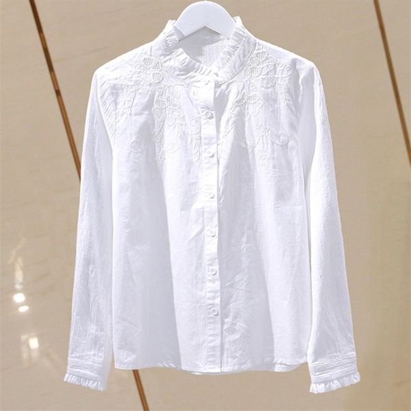 

summer blouse women shirt cotton korean style floral embroidered pleated ruffle stand collar casual plus size clothes 210401, White