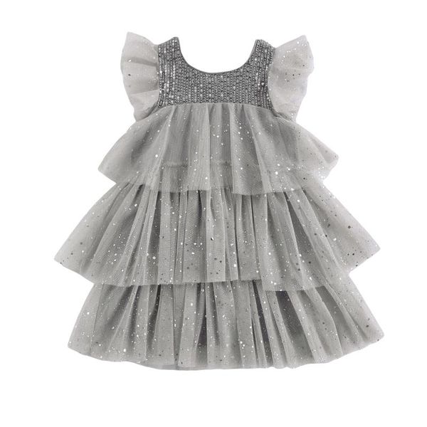 

2-7y kids baby girls princess dress high-waist short sleeve sequins round collar layered pleated mesh birthday party girl's dresses, Red;yellow