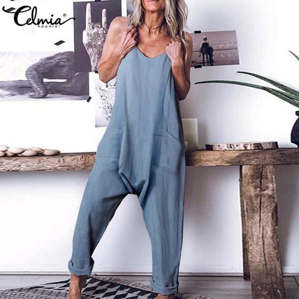 

spaghetti strap women's jumpsuits celmia sleeveless summer romper casual loose drop-crotch overalls solid pockets playsuits & rompers, Black;white