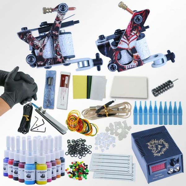 

professional 1 set equipment dual machine 20 color tattoo 2 gun power supply cord kit body beginner kit1