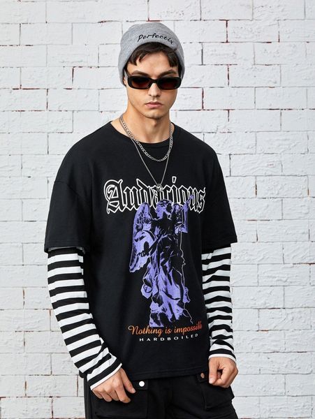 

men letter & figure graphic 2 in 1 tee 90tu#, White;black