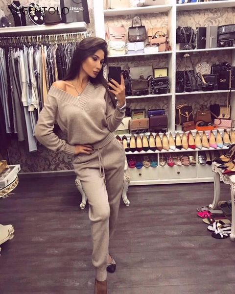 

lugentolo 2 piece set women knitted v-neck solid long sleeve drawstring pullover casual polyester sweat suits women's two pants, White