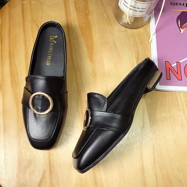 

slippers elegant leather mules women shoes ladies low heel outdoor slides summer sandals chaussures femme, Black