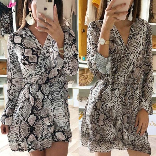 

fashion autumn women dress leopard snake printing ruffles deep v neck dresses ladies party mini sundress bandage vestidos casual, Black;gray