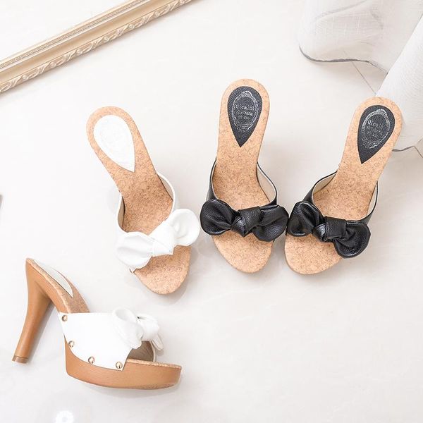 

slippers european and american elegant bowknot rivet solid color simple ladies summer high-heeled platform slippers., Black