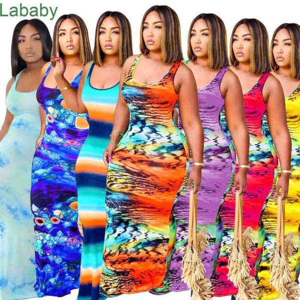 Frauen Kleid Designer Sexy Tie Dye Ärmellose Midi Kleider Muster Gedruckt Weste Langen Rock 7 Farben Plus Größe S-5XL